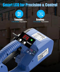 Pro Electric Strapping Machine For One Half To Five Eight Inch Pet Straps showing smart LCD for tension and sealing adjustments.