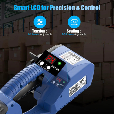 Pro Electric Strapping Machine For One Half To Five Eight Inch Pet Straps showing smart LCD for tension and sealing adjustments.