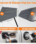 Heavy Duty Magnetic Ev Charger Port Cover For Electric Vehicles With Dual Flex Strips To Squash Dust And Moisture In A Sleek Grey Build, showing closed and open sizes.