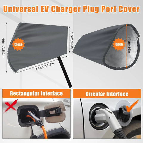 Heavy Duty Magnetic Ev Charger Port Cover For Electric Vehicles With Dual Flex Strips To Squash Dust And Moisture In A Sleek Grey Build, showing closed and open sizes.