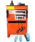 High Powered Electric Rebar Bender And Cutter With One Inch Capacity and 0 To 180 Degree hydraulic bending, orange, control panel and foot pedal.