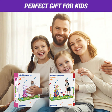 Family with boxed Toddler Golf Set For Kids Ages 2 To 5 With 4 Plastic Clubs, 8 Soft Balls, Putting Mat for Indoor or Outdoor Play.