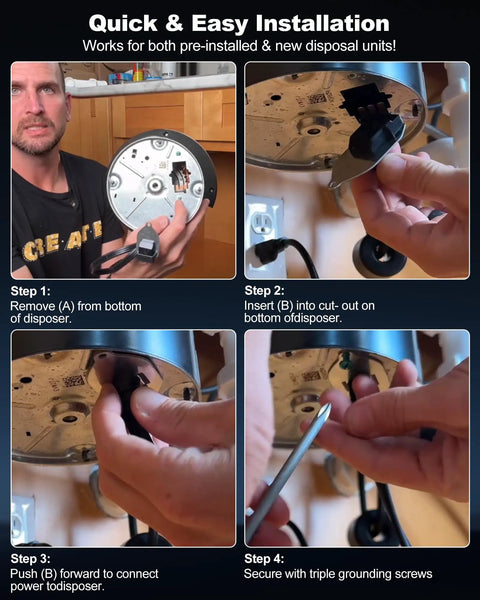 Steps to install EZ Connect Power Cord For InSinkErator Garbage Disposals 4 Foot Plug In Cable, illustrating easy installation.