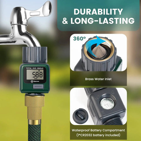 Heavy Duty Garden Hose Water Flow Meter with brass inlet, metal thread, IPX6 waterproof, for outdoor watering, RV tank fill, lawn sprayers.