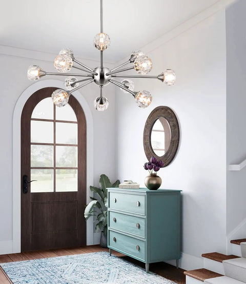 Lit 12 Light Black Sputnik Chandelier With Modern Glass Globes Pendant Ceiling Light For Dining Room Living Room And Bedroom Vintage Style Modern Fixture With Sloped Ceiling Adapter Canopy in a room setting