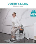 Elderly woman using Toilet Safety Rail With Standalone Frame Adjustable Grab Bar Handles Detachable Backrest Non Slip Vacuum Suction Cups
