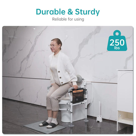 Elderly woman using Toilet Safety Rail With Standalone Frame Adjustable Grab Bar Handles Detachable Backrest Non Slip Vacuum Suction Cups