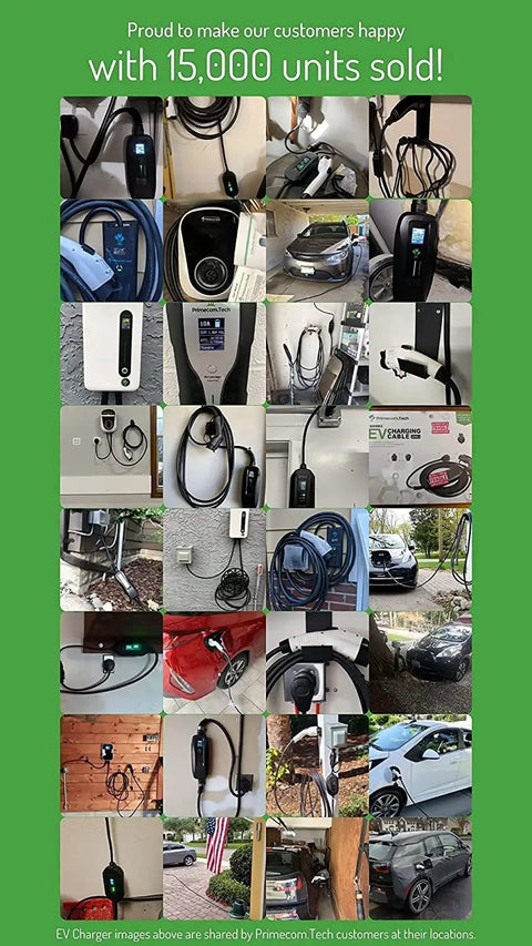 Grid of images showing Level 2 EV Charger 240V 32A and 40A for home use, NEMA 14-50 electric car charger with various installations.