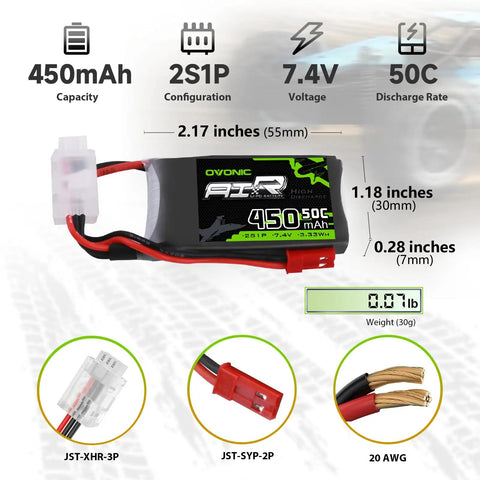 2S LiPo Battery 450mAh 7.4V 50C With JST Connector For RC planes, shown with dimensions, connectors, and weight details