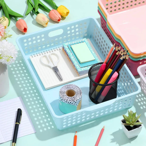 Six Pack Plastic Turn In Paper Trays Set For Classroom Storage And Office Organization In Pastel Colors with stationery