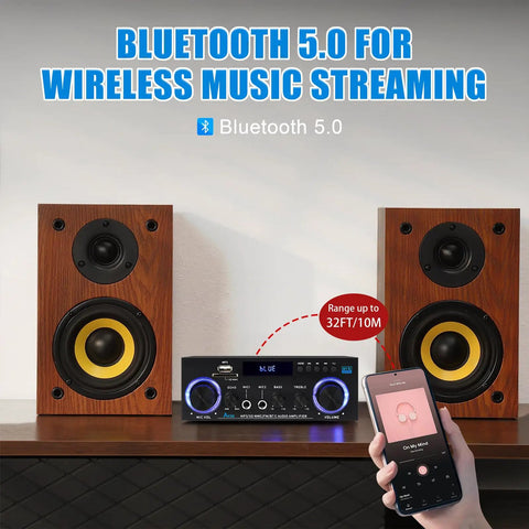 AK50 Amplifier For Home Audio With Bluetooth 5.0 and two wooden speakers.