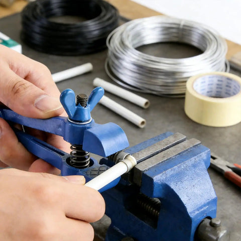 Heavy Duty Handheld Vise Pliers 50mm Mini Bench Clamp For DIY And Home Use, Cast Iron Body With Carbon Steel Jaws in action holding a white pipe.