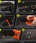Step-by-step use of Heavy Duty Wire Crimping Pliers With Ratchet For Open Barrel Terminals, SN-48B, on red wires.
