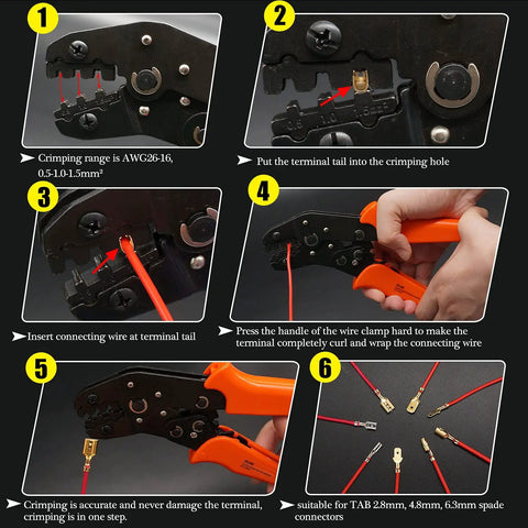 Step-by-step use of Heavy Duty Wire Crimping Pliers With Ratchet For Open Barrel Terminals, SN-48B, on red wires.