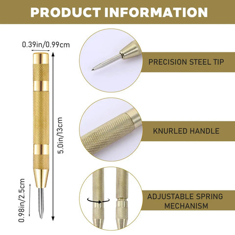 Workhorse 5 Inch Automatic Center Punch Pair Spring Loaded Adjustable Impact Bulletproof Stainless Steel Metal Marker Scriber Hand Tool details with precision steel tip and knurled handle.