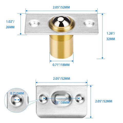 4 Pack Drive In Ball Catch For Closet Doors With Strike Plate Adjustable Tension Heavy Duty Stainless Steel And Brass Hardware 13/16 Inch By 1-1/8 Inch Durable Copper Cast Ball Solid Construction Easy Install front view with dimensions