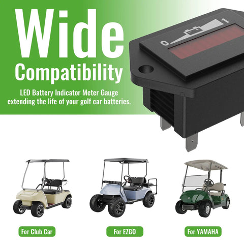 48V LED Battery Indicator Meter For Lead Acid Batteries Updated Gauge For Golf Carts And Battery Powered Equipment Water Resistant And Easy To Read Designed For EZGO Club Car Yamaha Carts Boats Forklifts Scooters. Wide compatibility display for Club Car, EZGO, and Yamaha golf carts