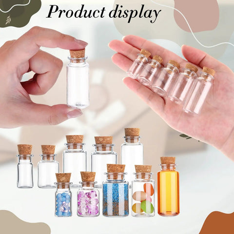 Awesome 25 Pack Mini Plastic Bottles With Cork Stoppers And Eye Screws, shown with hands displaying clear and filled bottles