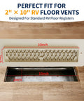 Aluminum RV Floor Register 2x10 With Magnetic Vent Cover installed in wood floor, shows perfect fit for standard RV vents.