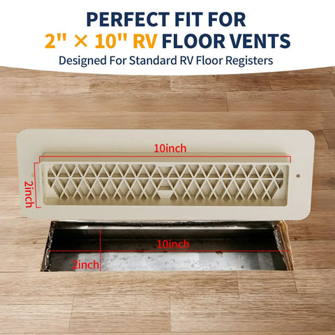 Aluminum RV Floor Register 2x10 With Magnetic Vent Cover installed in wood floor, shows perfect fit for standard RV vents.