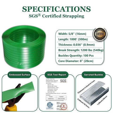 High Grade Pallet Strapping Kit That Slaps Includes 5 8 Inch 1000 Ft PET Strap Roll with specifications and steel seals.