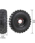 Beefy 1 Inch Rear Live Axle Kit With 6 Inch Tubeless Wheels Rim Chain Sprocket And Master Cylinder For Go Karts ATVs Quads Trikes And Golf Carts Heavy Duty Build With 500 Plus Lbs Capacity, showing side and front view of tires with dimensions.