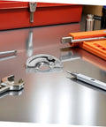Heavy Duty Stainless Steel Curved Concealed Cabinet Hinges Pair With 90 Degree Limit Stopper For Smooth Door Swing and Rock Solid Cabinet Setups No Sweat Assembly on a workbench.