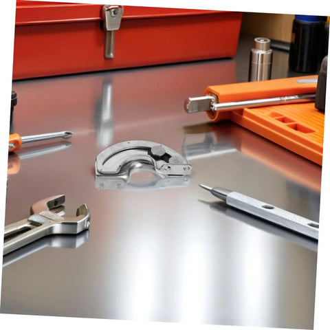 Heavy Duty Stainless Steel Curved Concealed Cabinet Hinges Pair With 90 Degree Limit Stopper For Smooth Door Swing and Rock Solid Cabinet Setups No Sweat Assembly on a workbench.