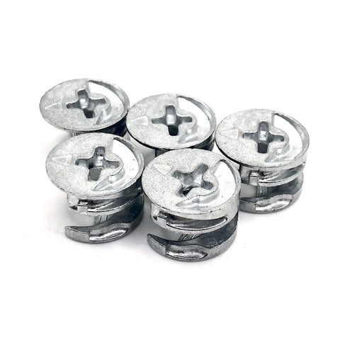 Five silver Straight Fire Heavy Duty Replacement Eccentric Cam Lock Nuts For Home Furniture Setup Rack Secure Panel Fasteners.