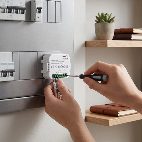 Person installing a Smart Home Energy Monitor With Real Time Circuit Tracking For Heavy Loads And Ev Chargers into an electrical panel.