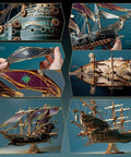 Collage showing details of a 3D Pirate Ship Puzzle Kit For Adults Build It Yourself Brain Teaser Model Wood Craft Educational Desk Toy