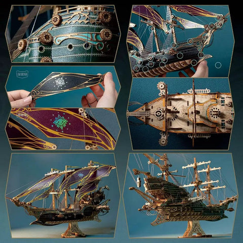 Collage showing details of a 3D Pirate Ship Puzzle Kit For Adults Build It Yourself Brain Teaser Model Wood Craft Educational Desk Toy