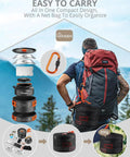 Portable Camping Cooking Set With Folding Wind Screen Lightweight Aluminum Pots And Pan 800ml Teapot 2 Cups And Plates Complete Mess Kit For Hiking Picnics RV Trips And Trekking shown compressed in net bag with backpack