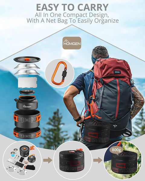 Portable Camping Cooking Set With Folding Wind Screen Lightweight Aluminum Pots And Pan 800ml Teapot 2 Cups And Plates Complete Mess Kit For Hiking Picnics RV Trips And Trekking shown compressed in net bag with backpack