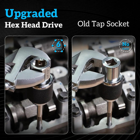 Comparison of upgraded hex head drive with old tap socket from ratcheting tap socket set two piece for cramped spaces.