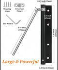 Automatic Door Closer For Lightweight Doors Under 100 Lbs With 150 Degree Spring Hinges, Adjustable Catch Speed, Stainless Steel Soft Close Auto Top Latches, White Finish with arm, hex wrench, screws, installation dimensions shown