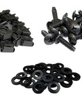 Premium 12-24 Square Dinch Cage Nuts With Washers 25 Pack featuring snap-in black oxide nuts and screws for server rack mounting.