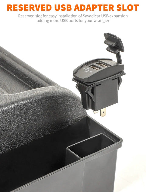 Close-up of USB charger slot on Shifter Console Storage Box For Jeep Wrangler JK JKU 2011 To 2018 Gear Tray Organizer