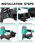 Installation steps for CN45C 15 Degree Roofing Nailer Pneumatic Coil Nailer with loading button and magazine instructions.