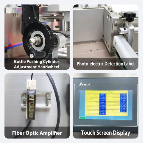 Automatic Desktop Labeling Machine Killer Speed Label Applicator close-up of touch screen display and adjustment handwheel for precision labeling.