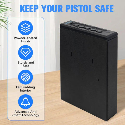 Quick Draw Slide Out Biometric Pistol Safe with powder-coated finish, sturdy construction, and felt padding, designed for secure gun storage.