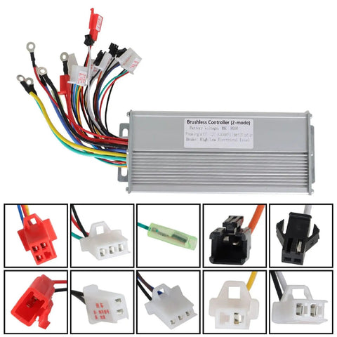48V Brushless Motor Speed Controller for E Bikes and Scooters 800W, with aluminum housing and various connector plugs visible.