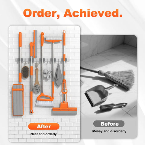 Heavy Duty Wall Mount Broom Holder And Mop Organizer Rack With Five Racks And Four Hooks Rustproof Stainless Steel Wall Storage For Home Kitchen Garage Laundry Garden Easy Install And Space Saving Tool Hanger
