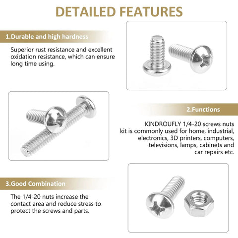 58 Piece Stainless Steel 1/4-20 Phillips Pan Head Machine Screws And Matching Hex Nuts Set With 1/2 Inch, 3/4 Inch, 1 Inch, 1-1/4 Inch, 1-1/2 Inch Lengths Fully Threaded 304 Grade For DIY Projects And Home Repairs product details