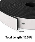Heavy Duty Black Single Sided Foam Weather Stripping Tape 2 Inch By Quarter Inch Thick Roll Runs 16 5 Feet Long, displaying size and length.