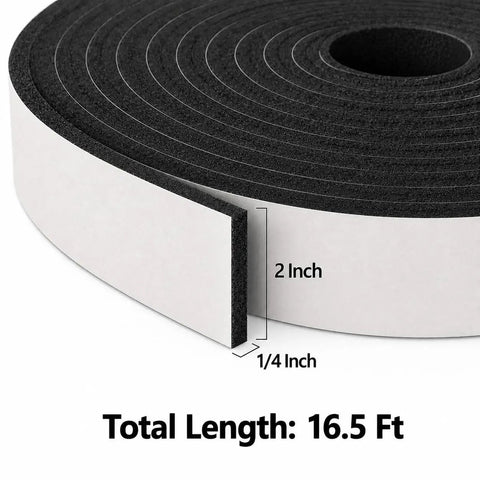 Heavy Duty Black Single Sided Foam Weather Stripping Tape 2 Inch By Quarter Inch Thick Roll Runs 16 5 Feet Long, displaying size and length.