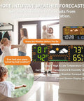 Smart Weather Station With 8.5 Inch LED Display for Indoor Outdoor Use WiFi Enabled Wireless Dual Power Atomic Clock shown on wall