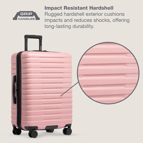 Luggage: U.S. Traveler Boren rose-pink expandable hardside with 8 spinner wheels, front view