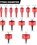 Dashap 13-piece bi-metal hole saw kit with drill bits; red hole saws in assorted diameters from 3/4" to 3" for metal and wood