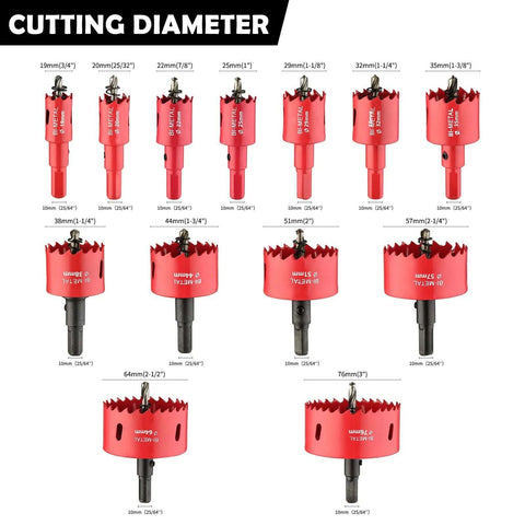 Dashap 13-piece bi-metal hole saw kit with drill bits; red hole saws in assorted diameters from 3/4" to 3" for metal and wood
